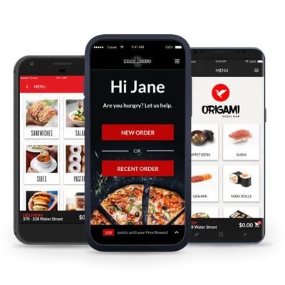 3 iPhones showing Craver restaurant ordering apps. 3 iPhones showing Craver restaurant ordering apps.