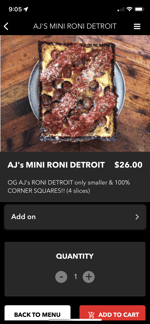 A Detroit style pizza with add-on options