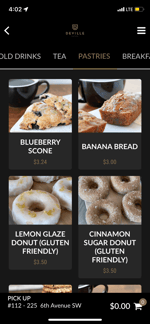 A screenshot showing the pastry menu