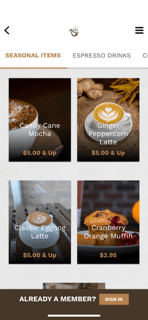 A screenshot showing the hot drinks menu and muffins
