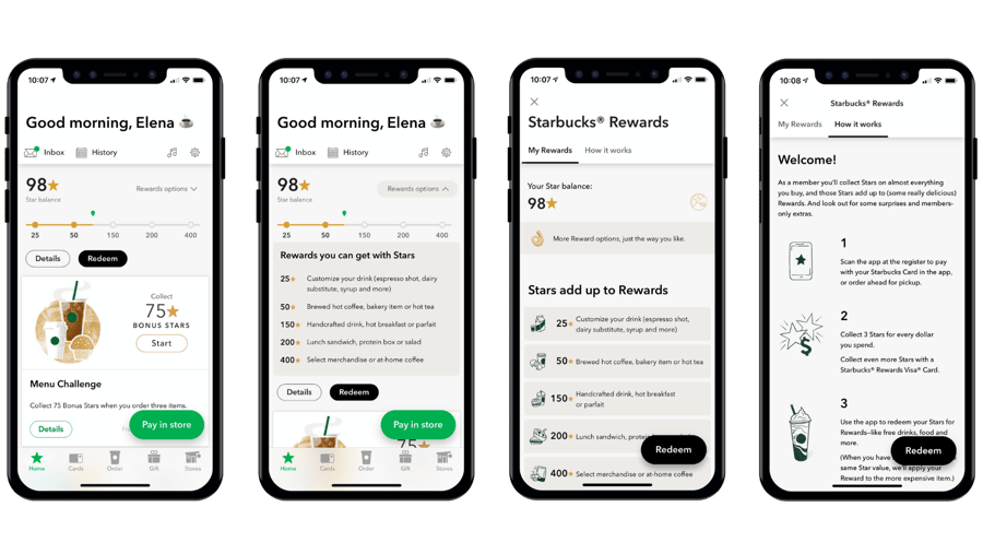 Stills of Starbucks rewards program UX