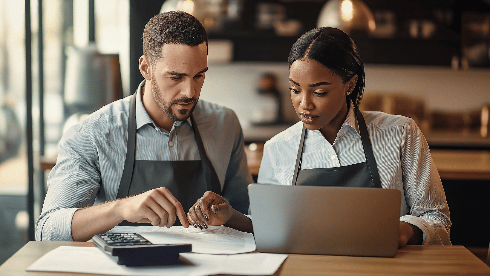 Two coffee shop owners working out the prices and finances of their coffee shop