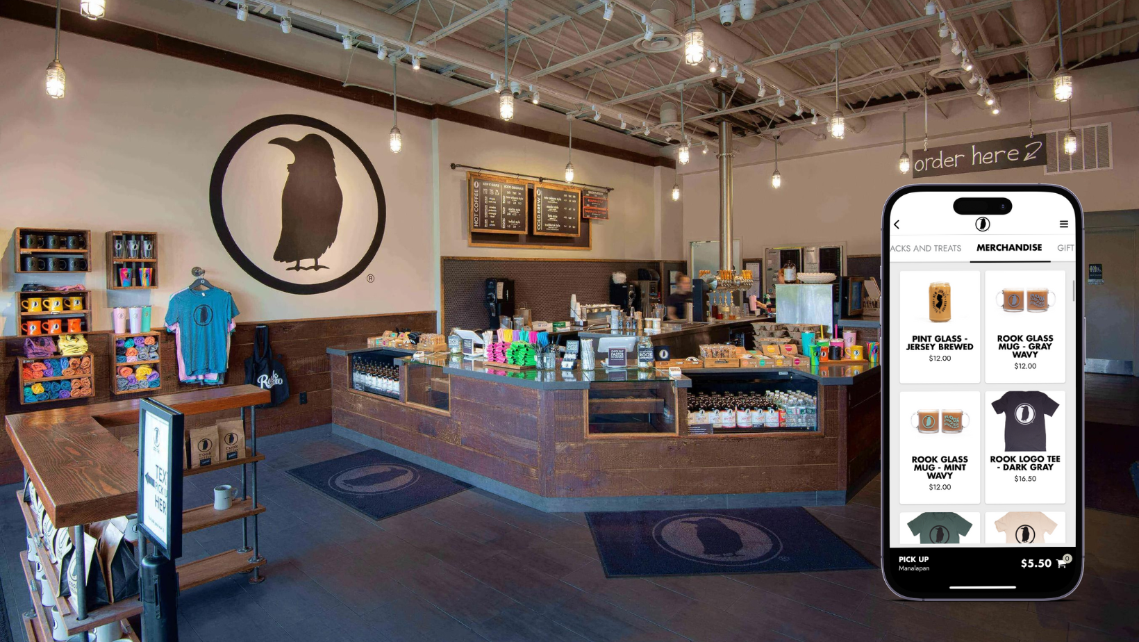 Rook Coffee Shop interior and custom-branded mobile app.