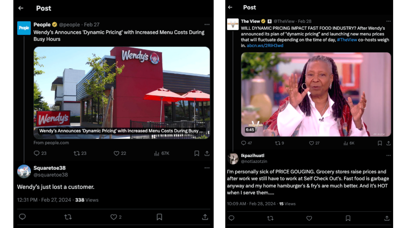 Tweets about Wendy's dynamic pricing announcement 