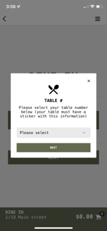 A screenshot of the table selector for dine-in customers