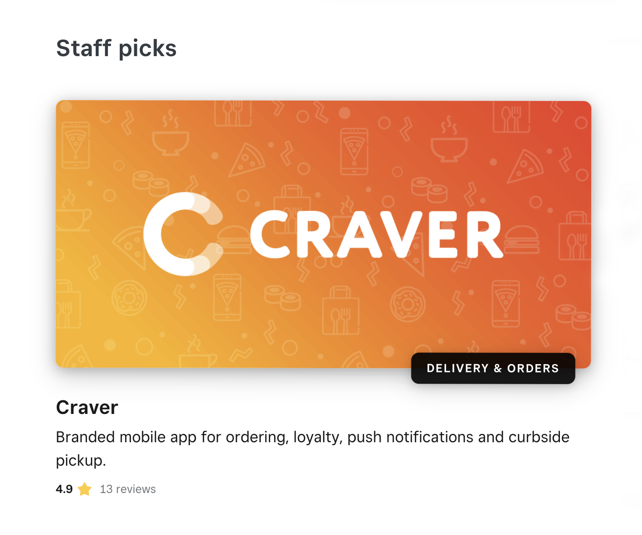 The Craver logo on an orange background with the Square Marketplace Staff picks screen showing