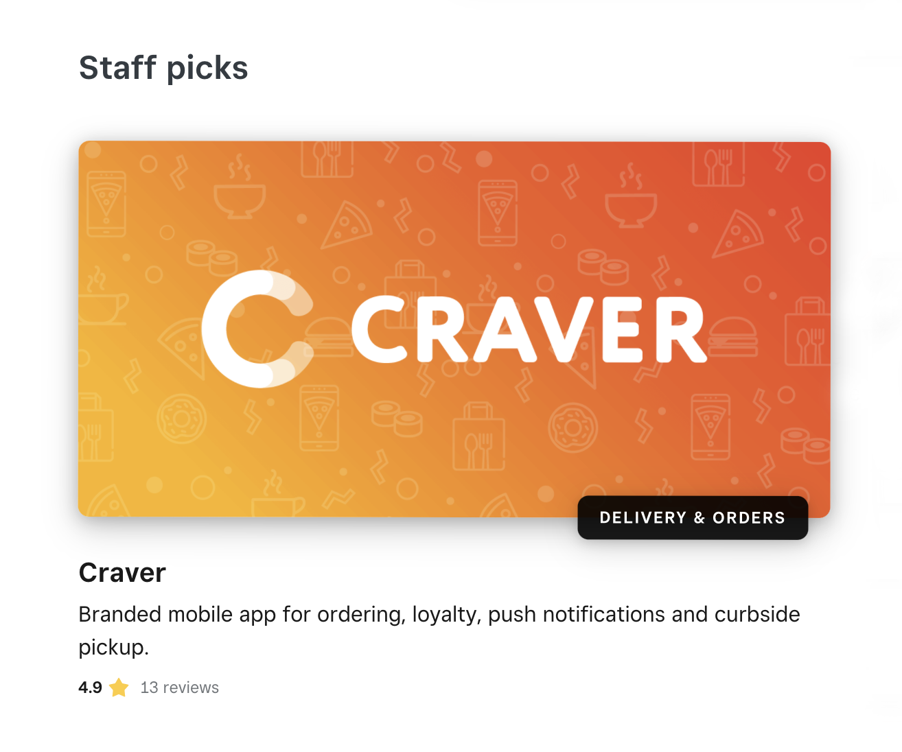 The Craver logo on an orange background with the Square Marketplace Staff picks screen showing The Craver logo on an orange background with the Square Marketplace Staff picks screen showing