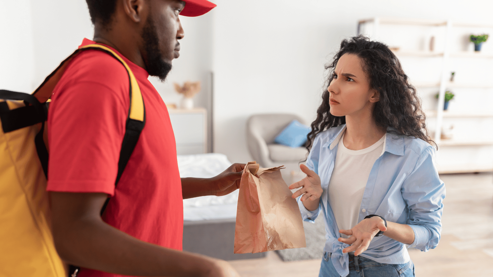 Confused, angry woman asking for a food delivery refund. 