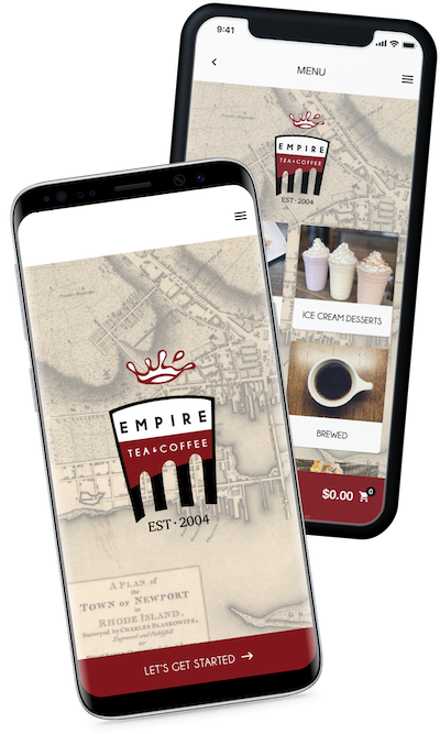 Two phones showing the Empire Tea & Coffee app