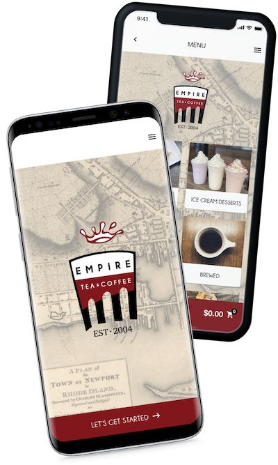 Two phones showing the Empire Tea & Coffee app