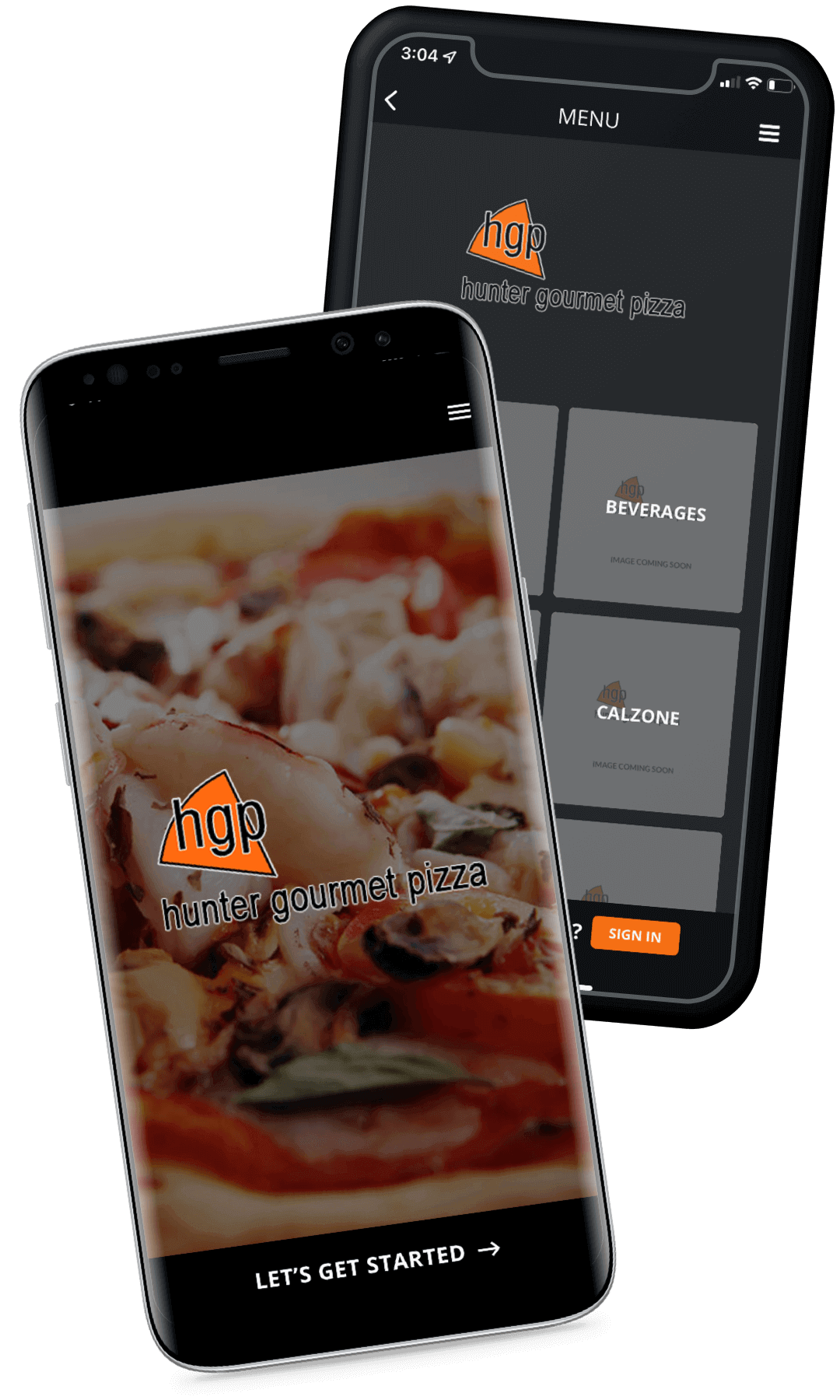 Two phones showing the Hunter Gourmet Pizza app