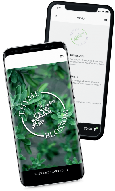 The Thyme Blossom online ordering app on two phones