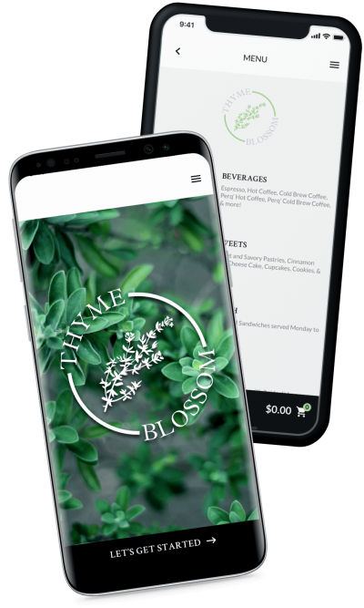 The Thyme Blossom online ordering app on two phones