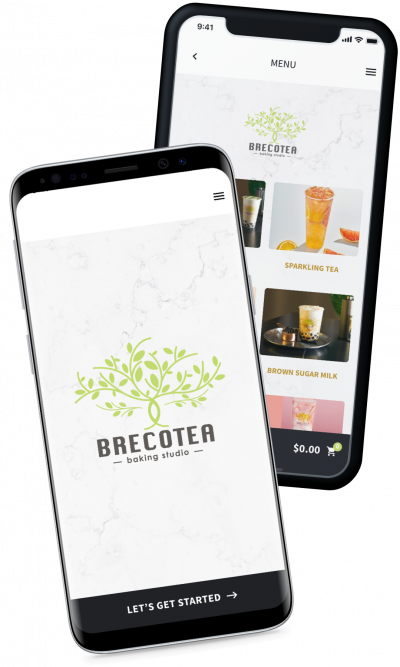 Two phones showing the Brecotea app