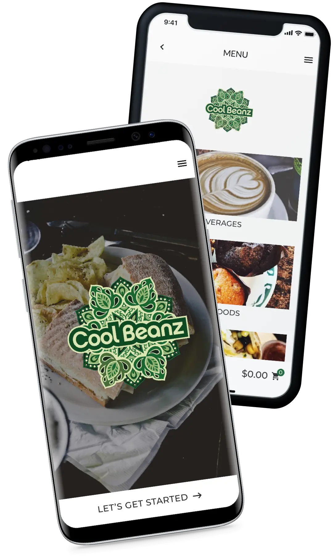 Two phones showing the Cool Beanz Coffeehouse app