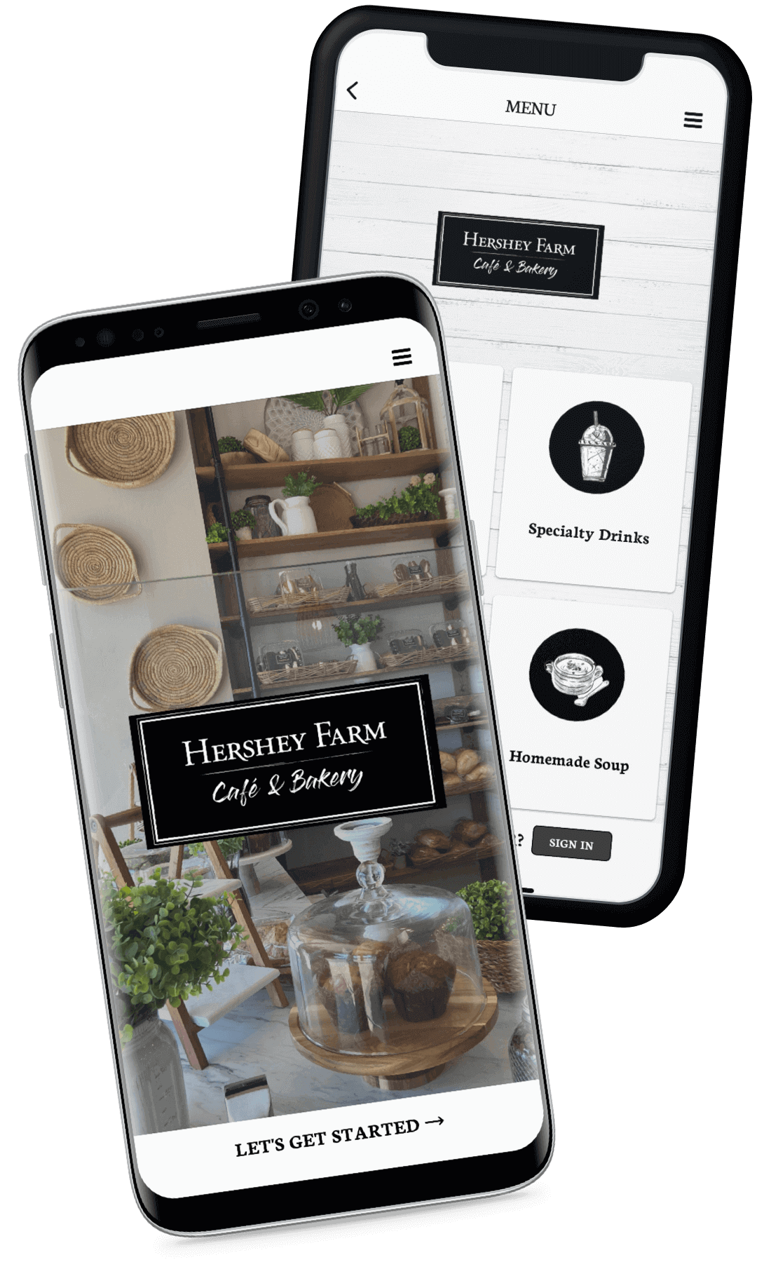Hershey Farms Cafe and Bakery app shown on two phones