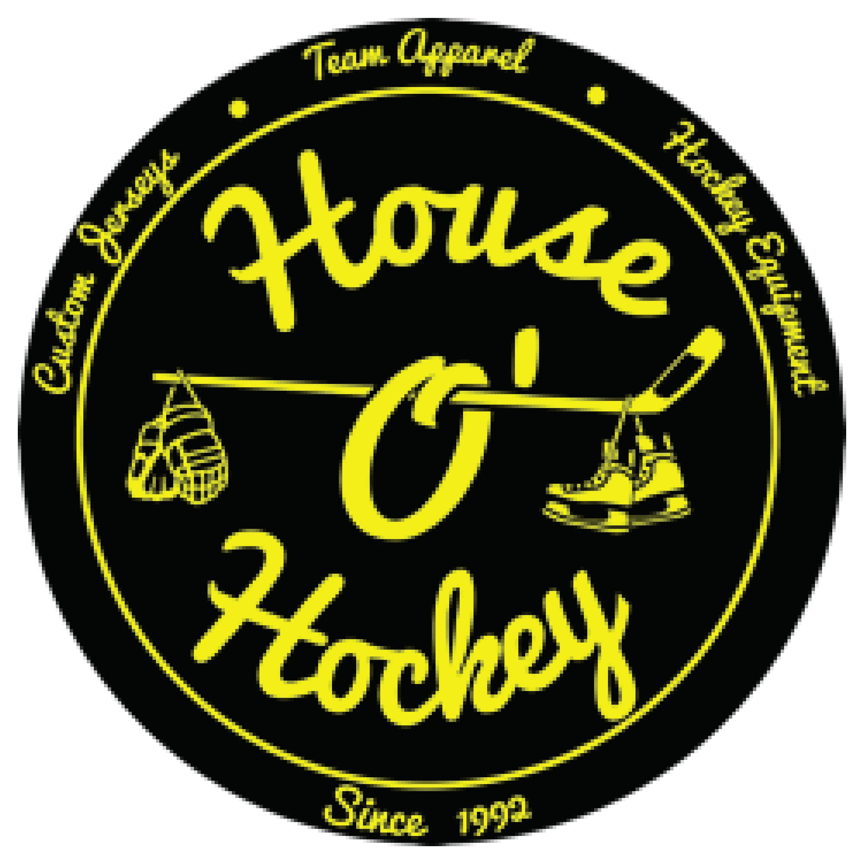 Hou O' Hockey logo that looks like a puck with their company name around a hockey stick