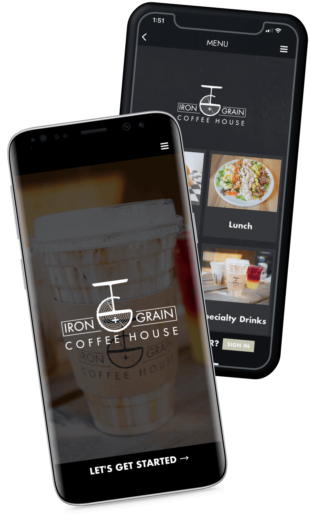 Two phones showing the Iron Grain Coffee House app