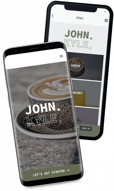 Two phones showing the John Kyle Espresso app