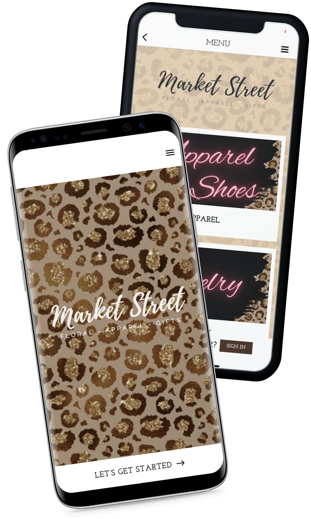 Two iPhones showing the Market Street Floral App splash page and menu page