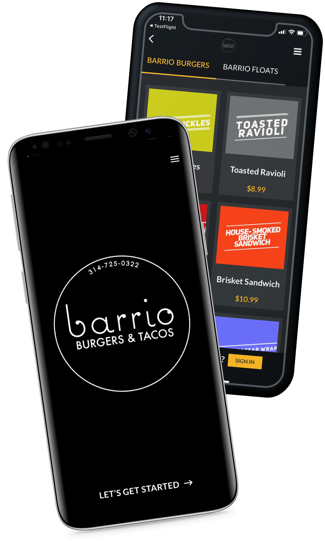 Two Phones showing Barrio Burgers & Floats App