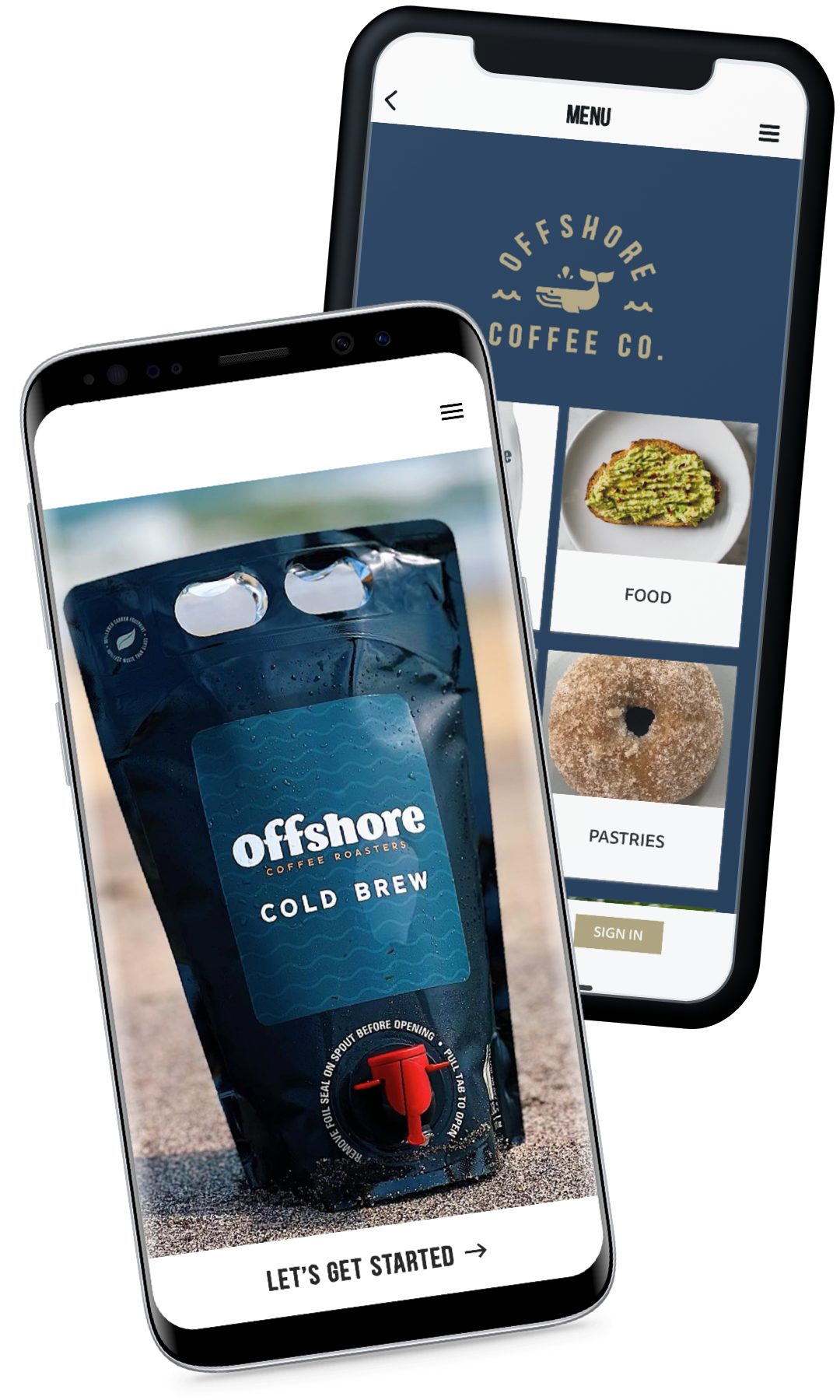 Two Phones showing Offshore Coffee Co App