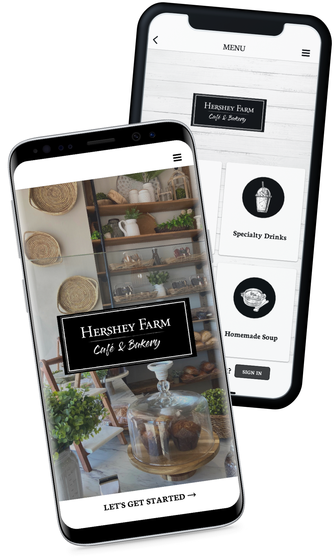 Two phones showing the Hershey Farm App