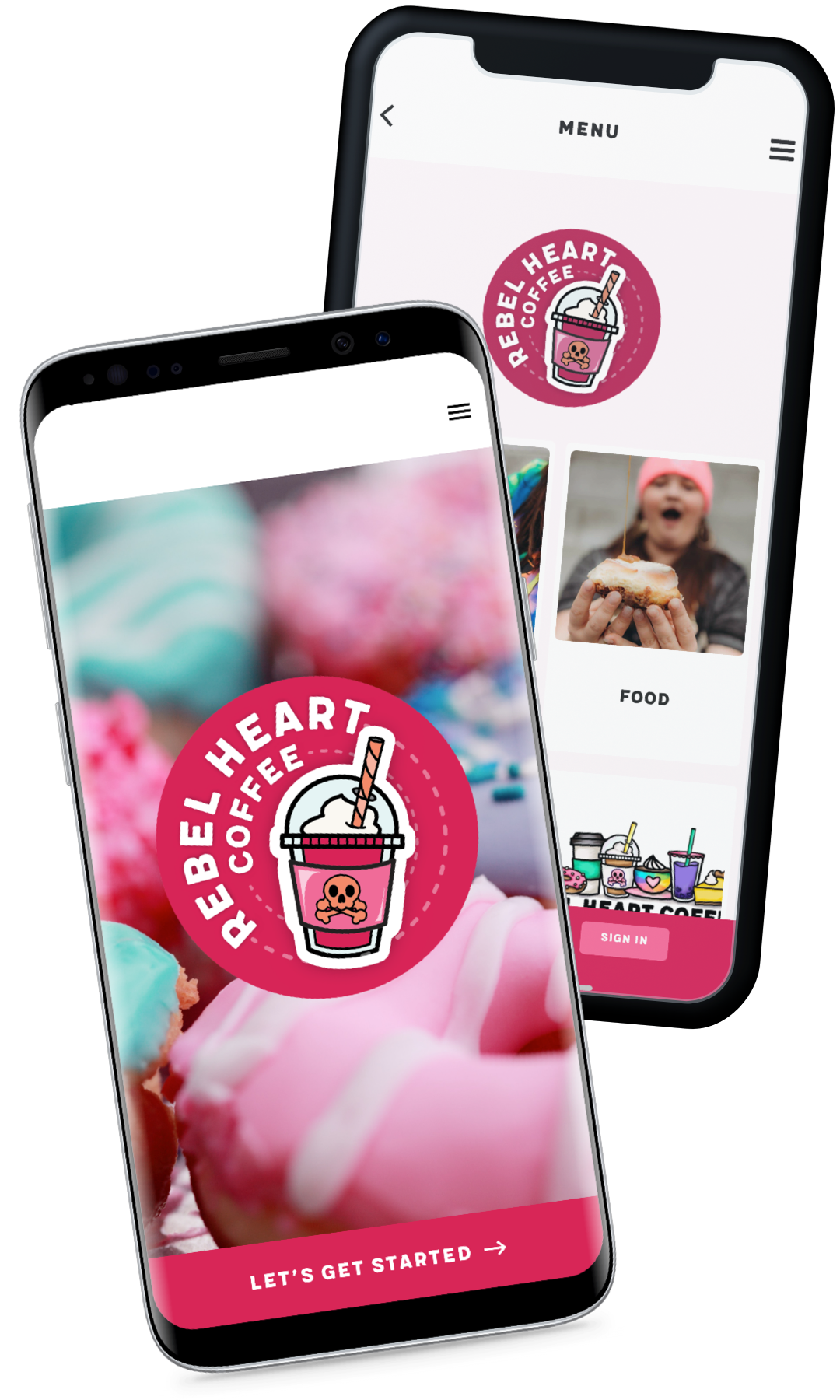 Two phones showing the Rebel Heart Coffee app