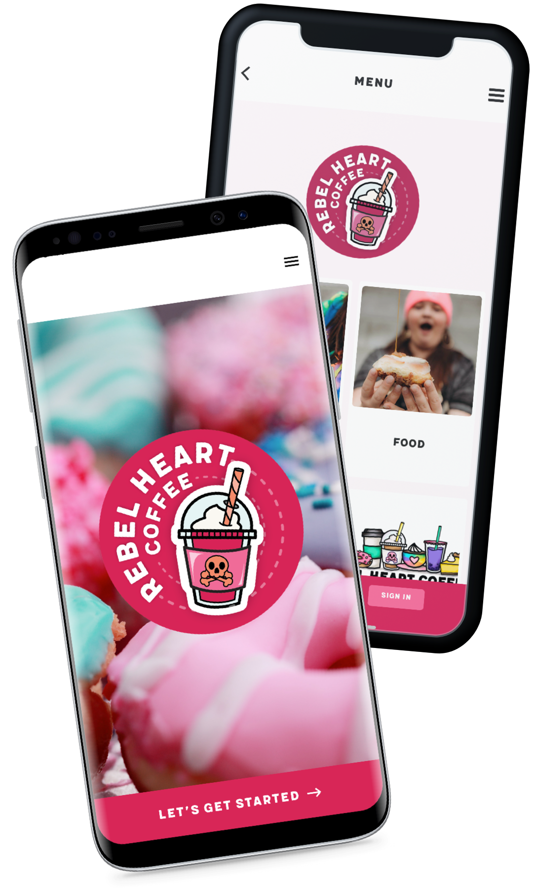 Two phones showing the Rebel Heart Coffee app