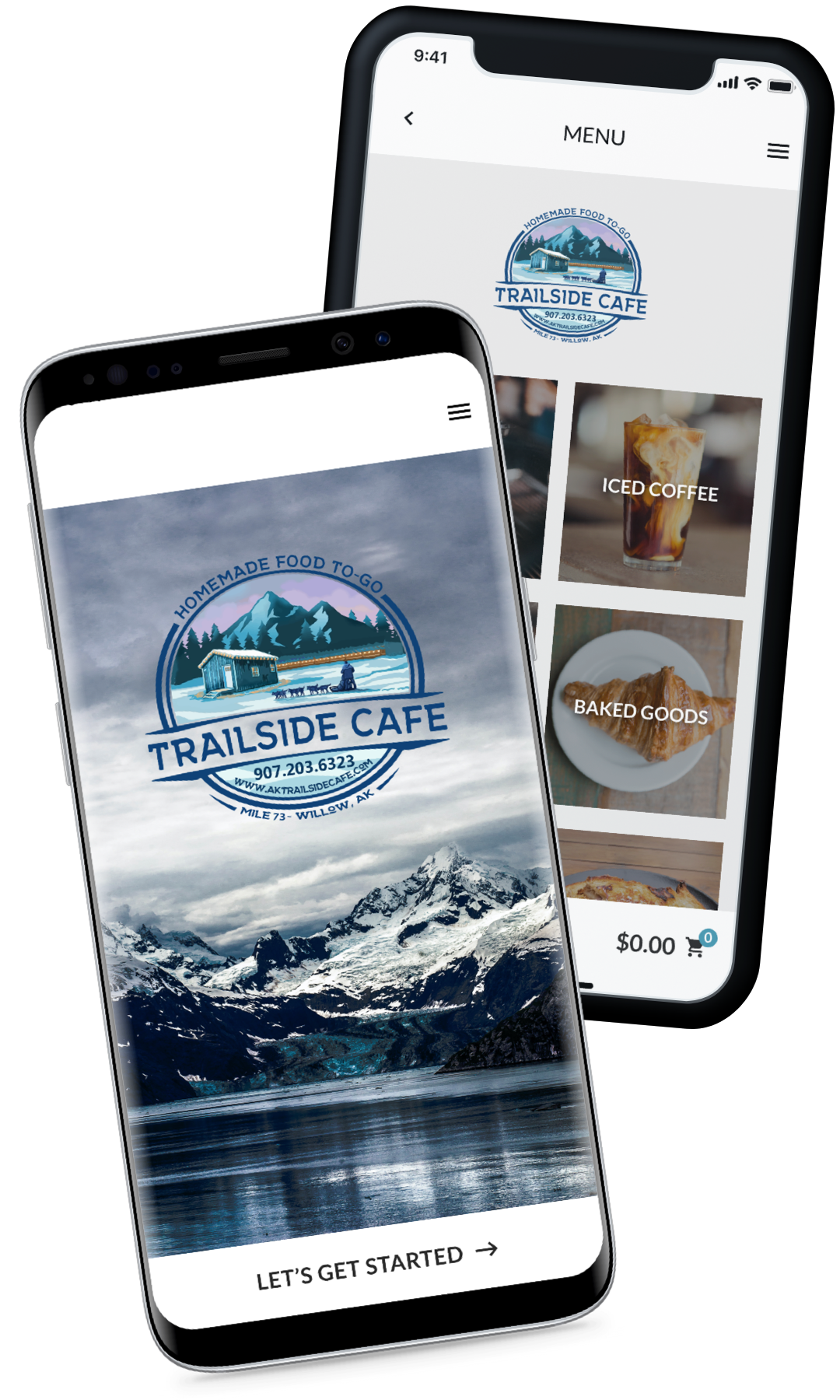 Two phones showing the Trailside Cafe app