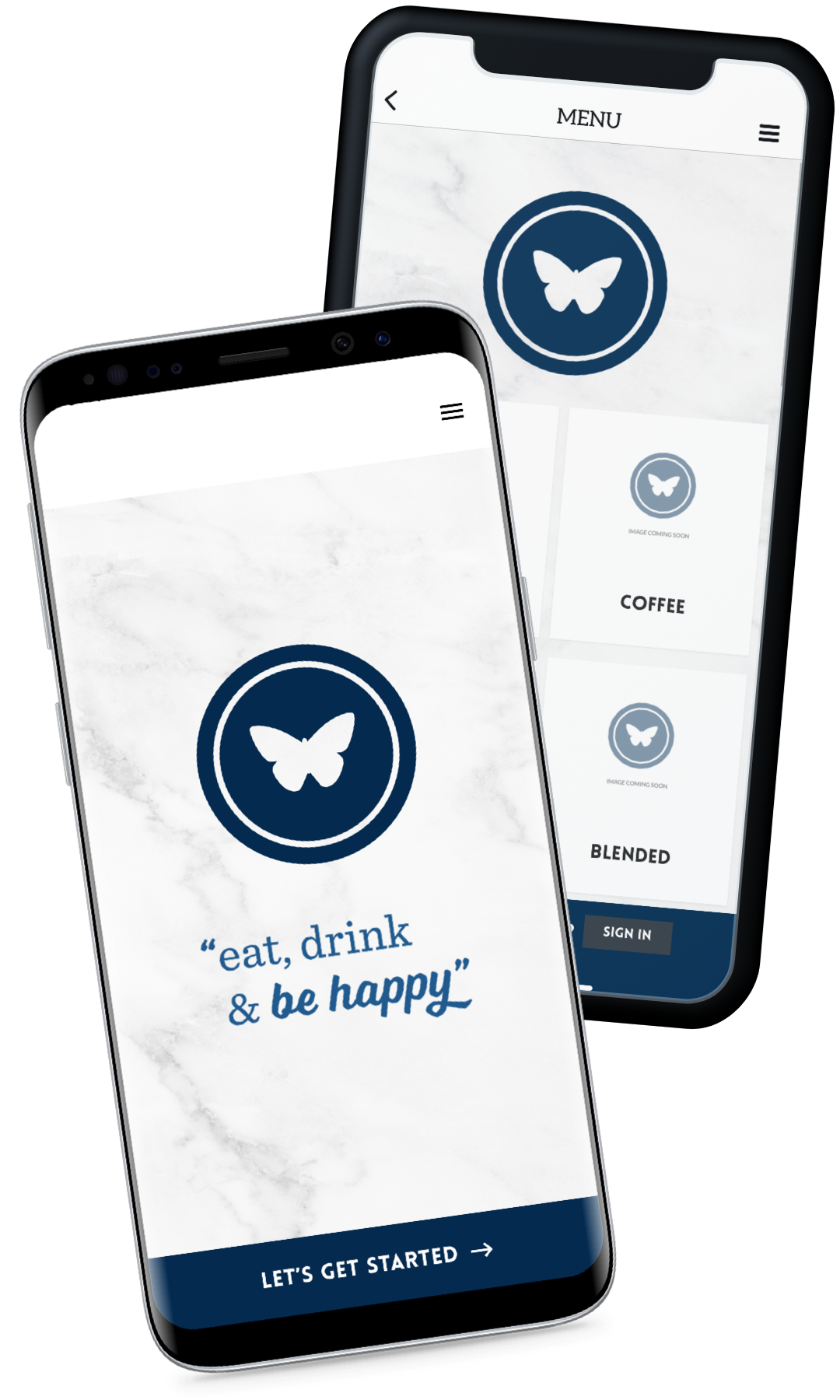 Two phones showing the Blue Butterfly Coffee App