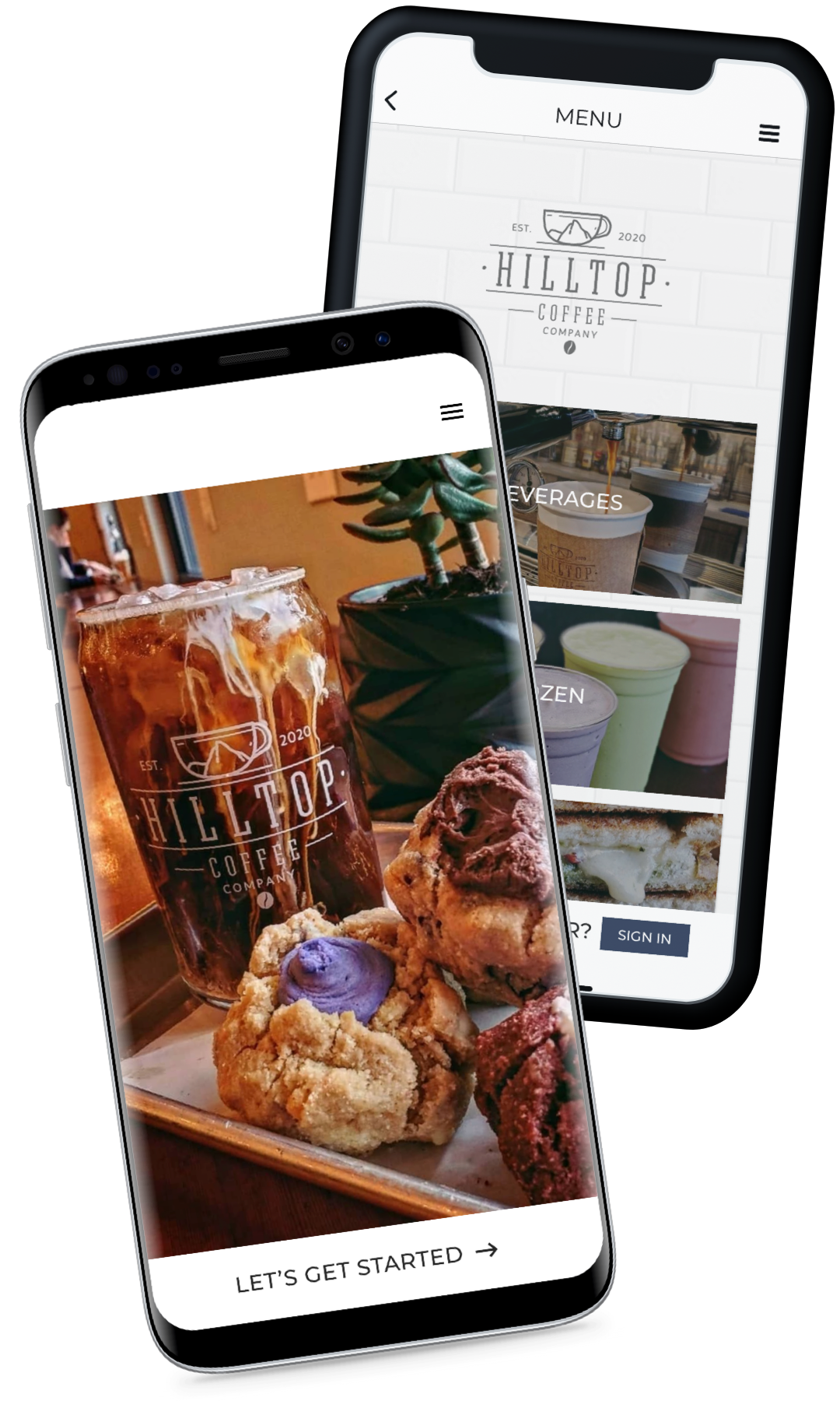 Two iPhones showing the Hilltop Coffee App splash page and menu page