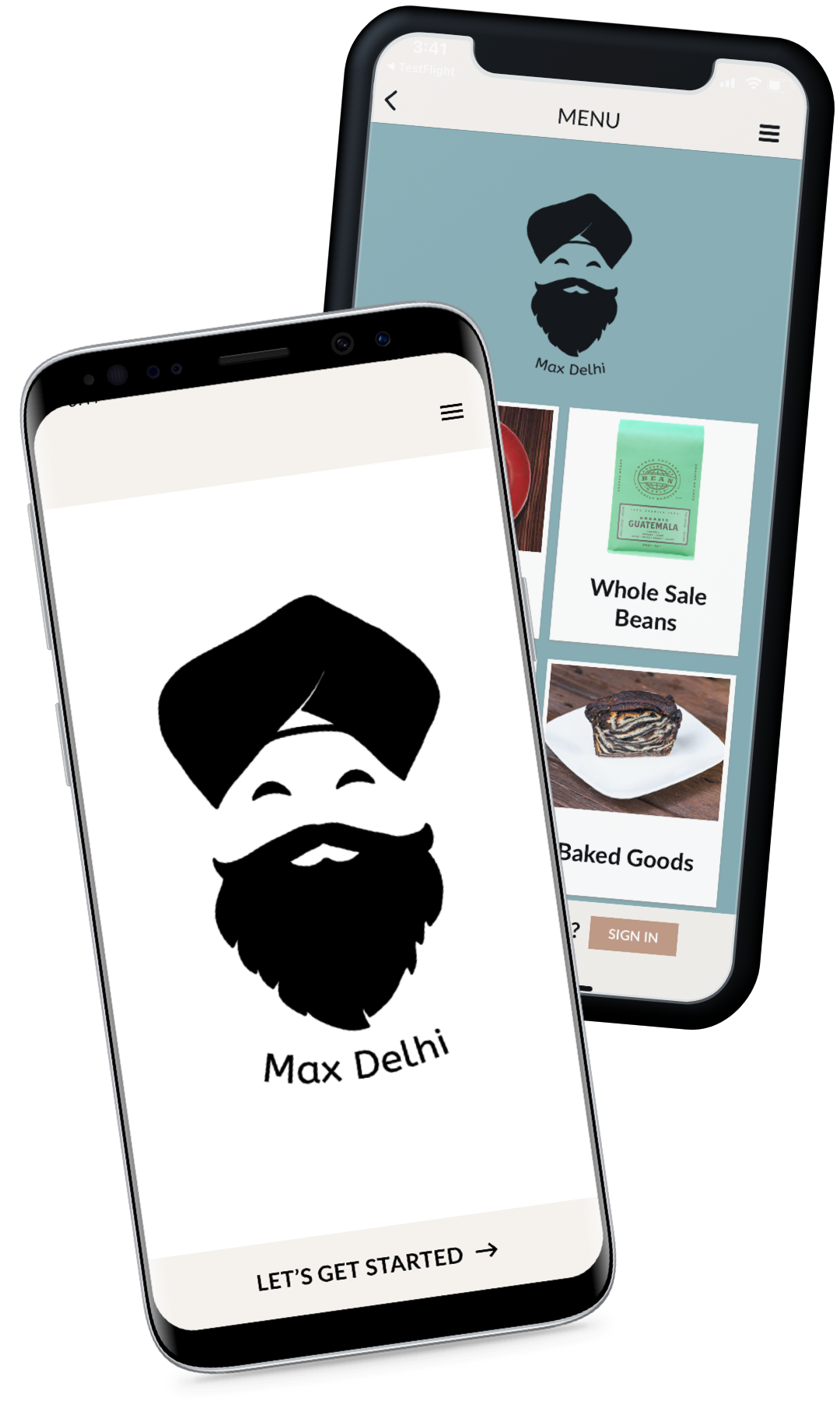 Two iPhones showing the Max Delhi app.