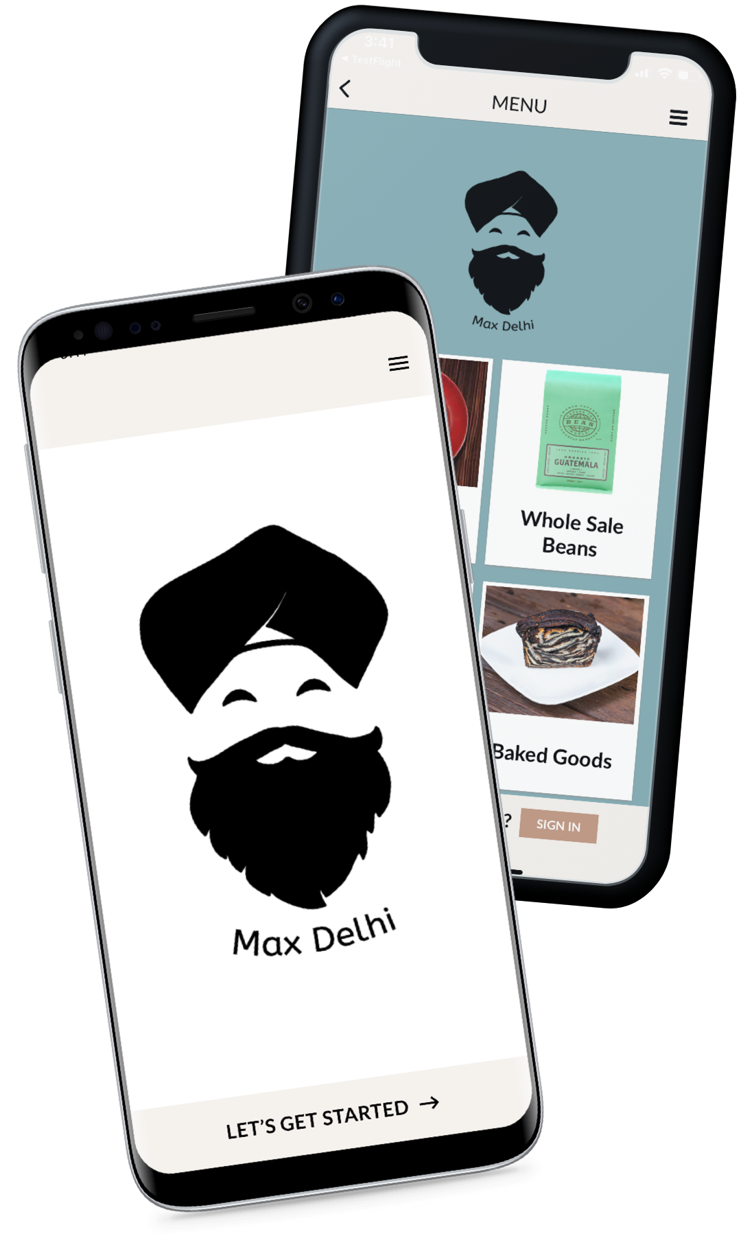 Two iPhones showing the Max Delhi app.