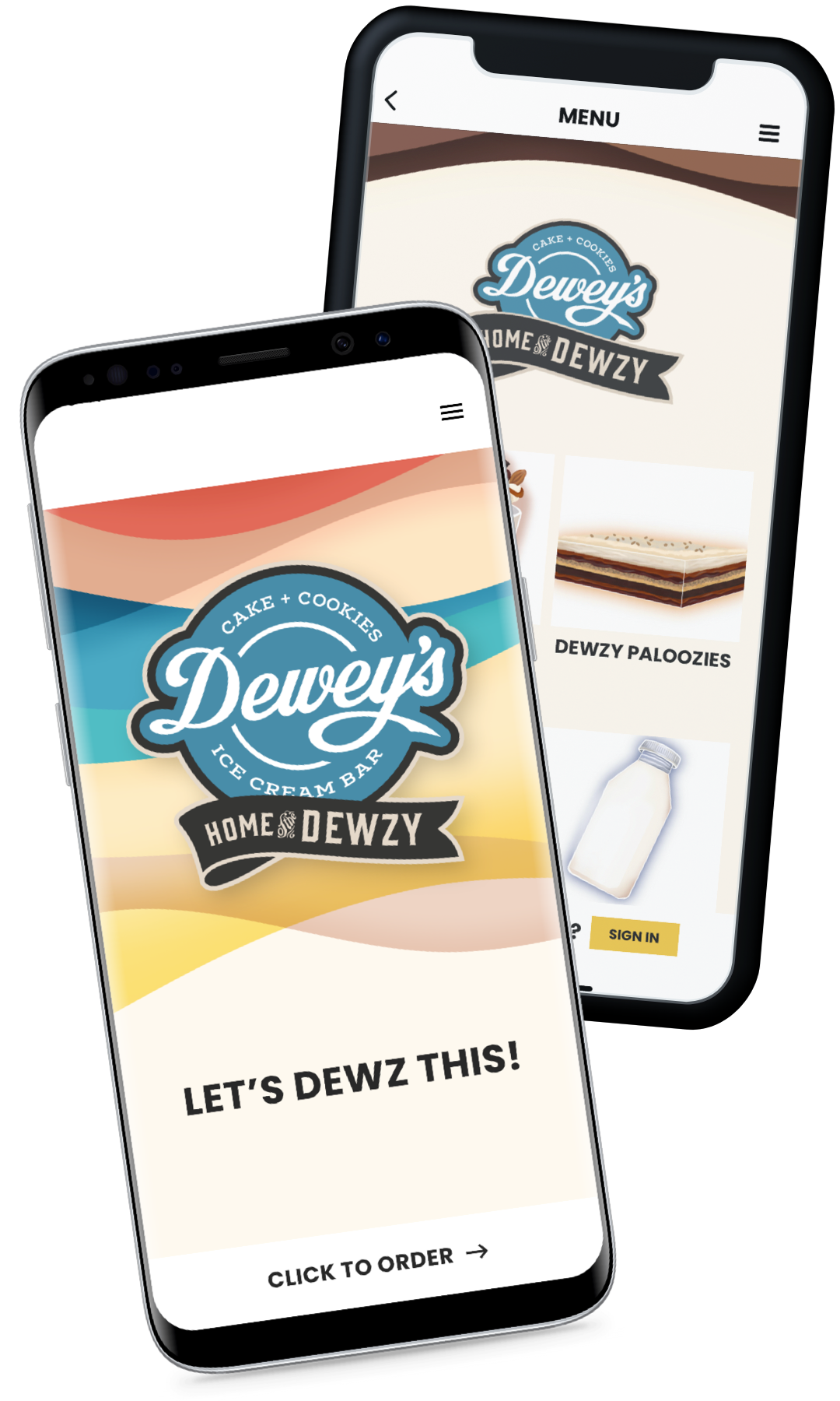 Two iPhones showing the It's a Dewzy! app.