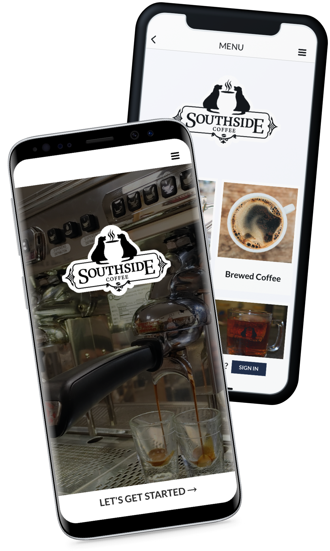 Two iPhones showing the Southside Coffee App splash page and menu page