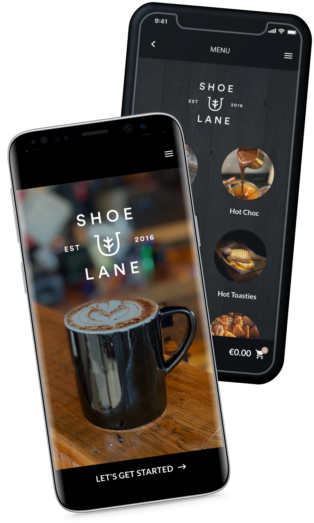 Two phones showing the Shoe Lane app