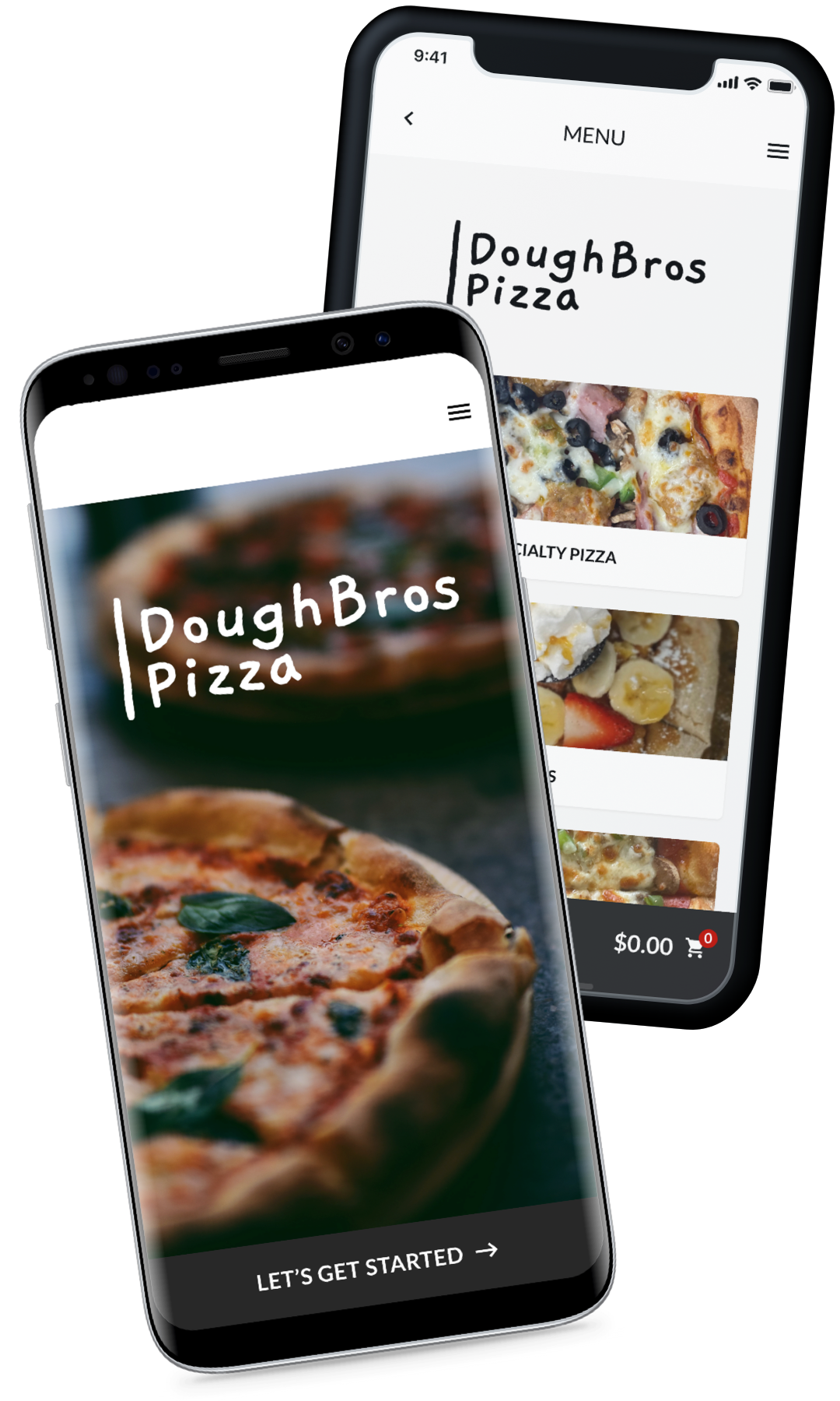 Two phones showing the DoughBros Pizzaa app