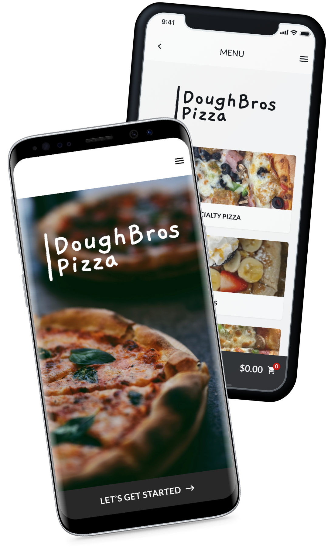 Two phones showing the DoughBros Pizzaa app