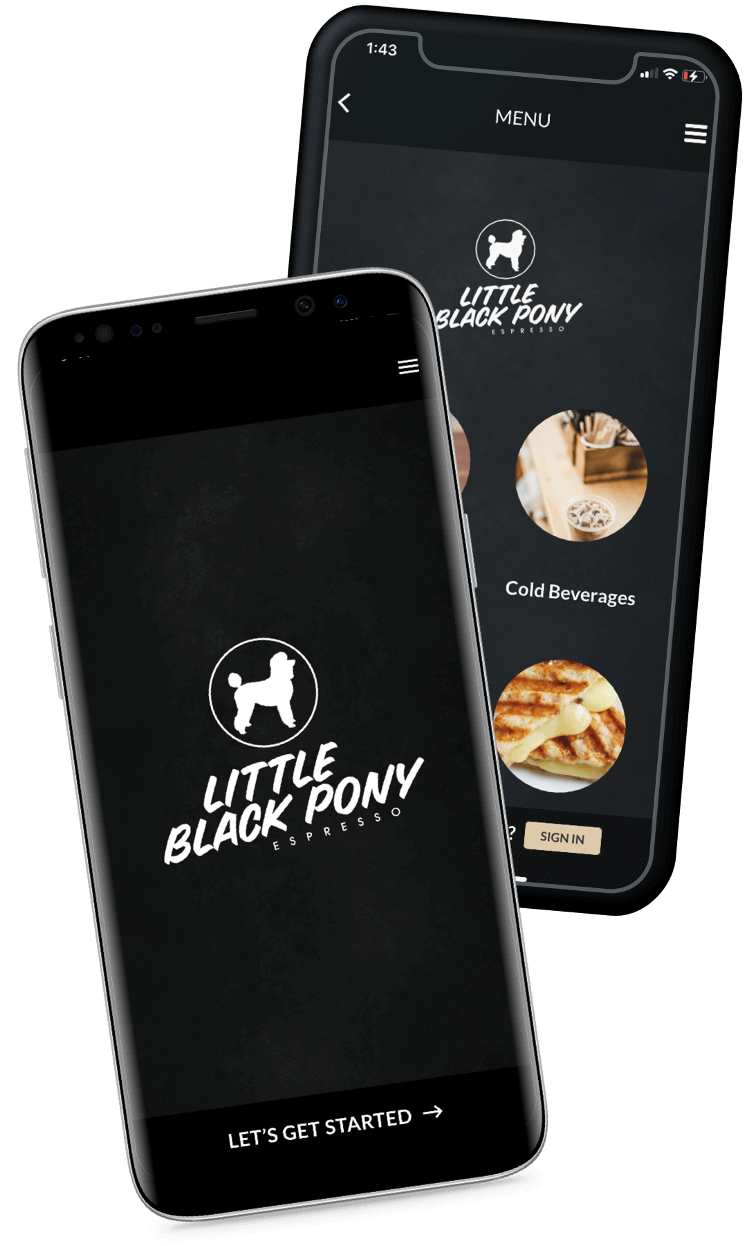 Two phones showing the Little Black Pony's App