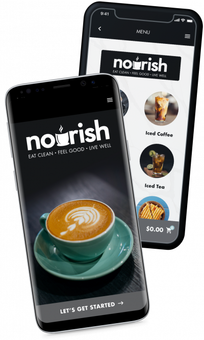 Two phones showing the Nourish Coffee app