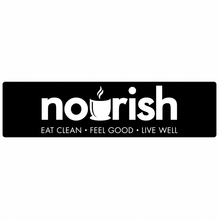 The Nourish Coffee logo on black. Eat clean - feel good - live well