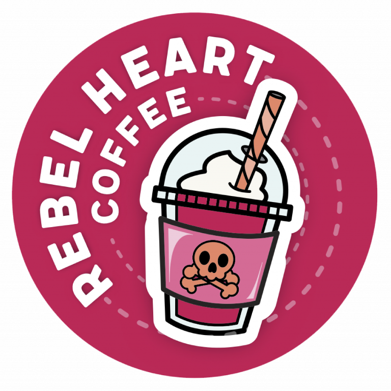 Rebel Heart Coffee by a drink with a skull on it in monochromatic pink