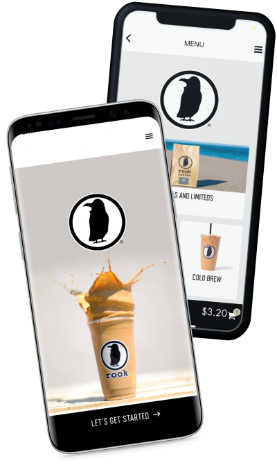 Two phones showing the Rook Coffee App