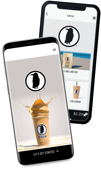 Two phones showing the Rook Coffee App