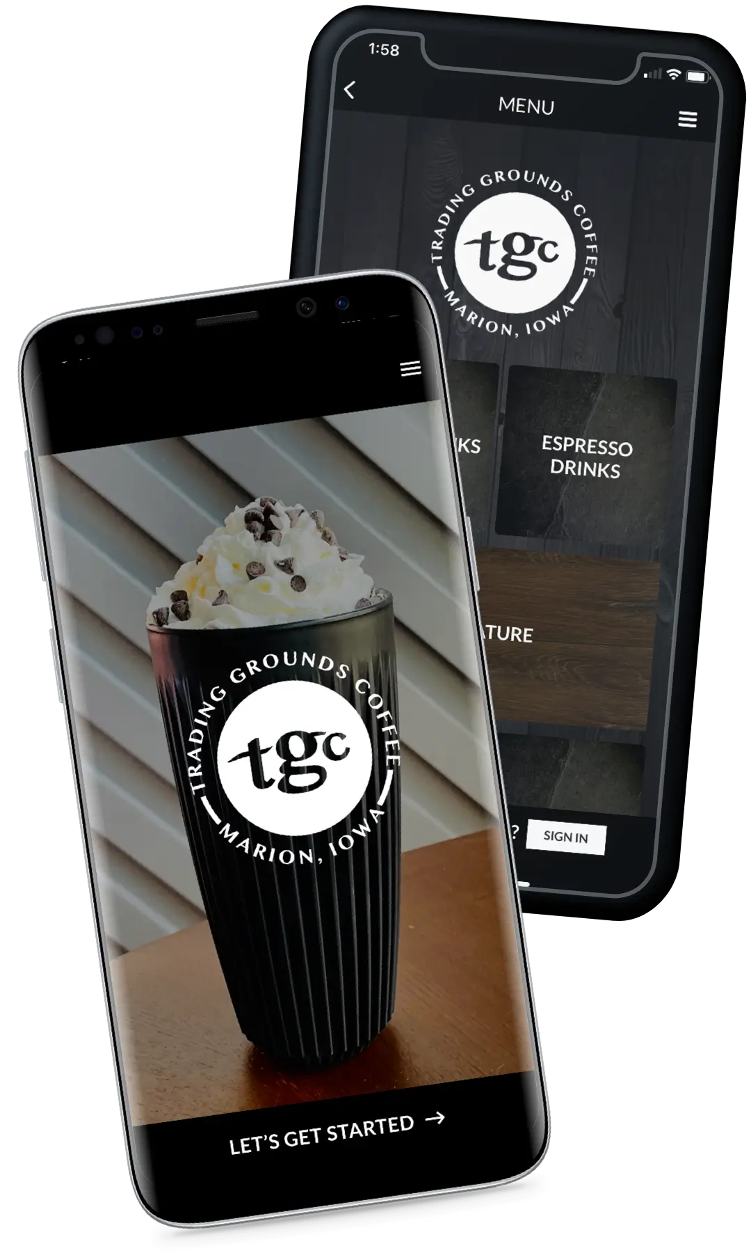 Two phones showing the Trading Grounds Coffee app